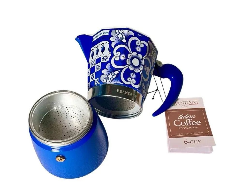 Brandani Italian Coffee Maker Moka Pot Blue Majolica Aluminum 6 Cup Espresso NEW